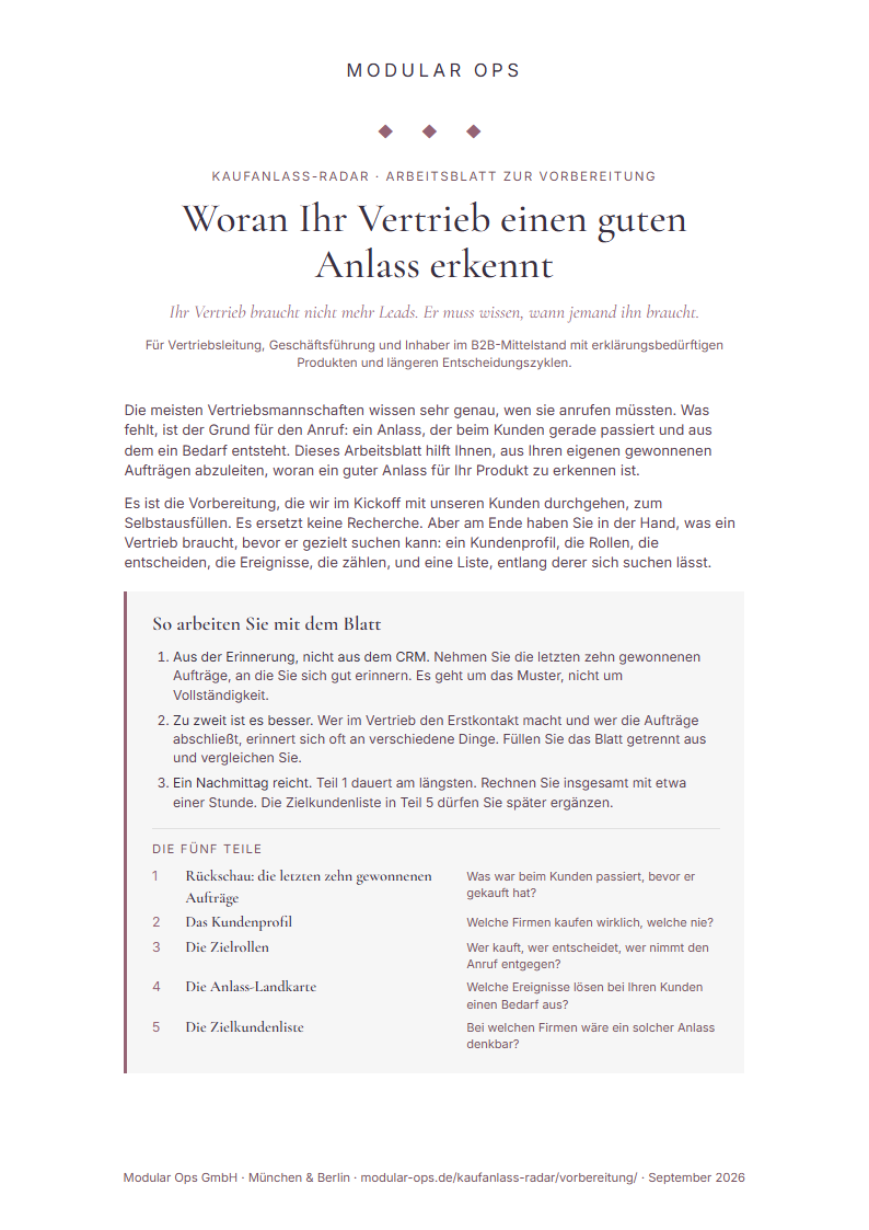 Titelseite des Arbeitsblatts: Woran Ihr Vertrieb einen guten Anlass erkennt